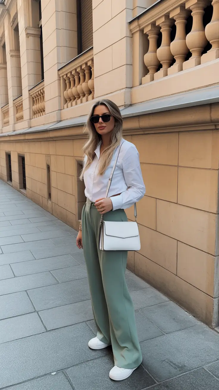 stylish spring fashion trends 2026 Crisp White Shirt With Sage Trousers