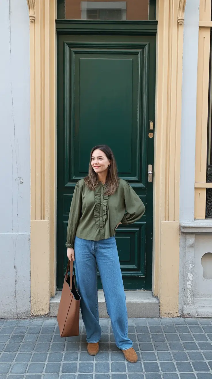 stylish spring fashion trends 2026 Olive Ruffle Blouse With Vintage-Wash Jeans