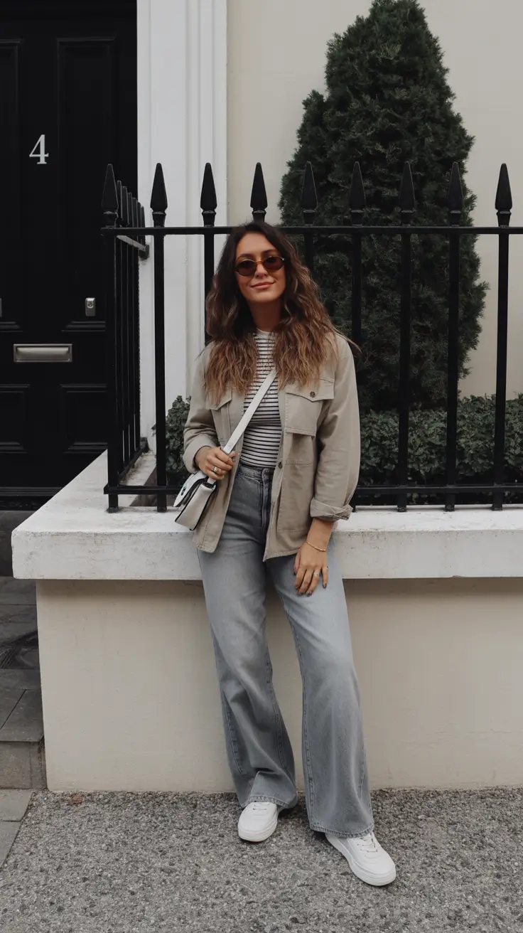 stylish spring fashion trends 2026 Utility Jacket With Stripes And Cool Gray Denim