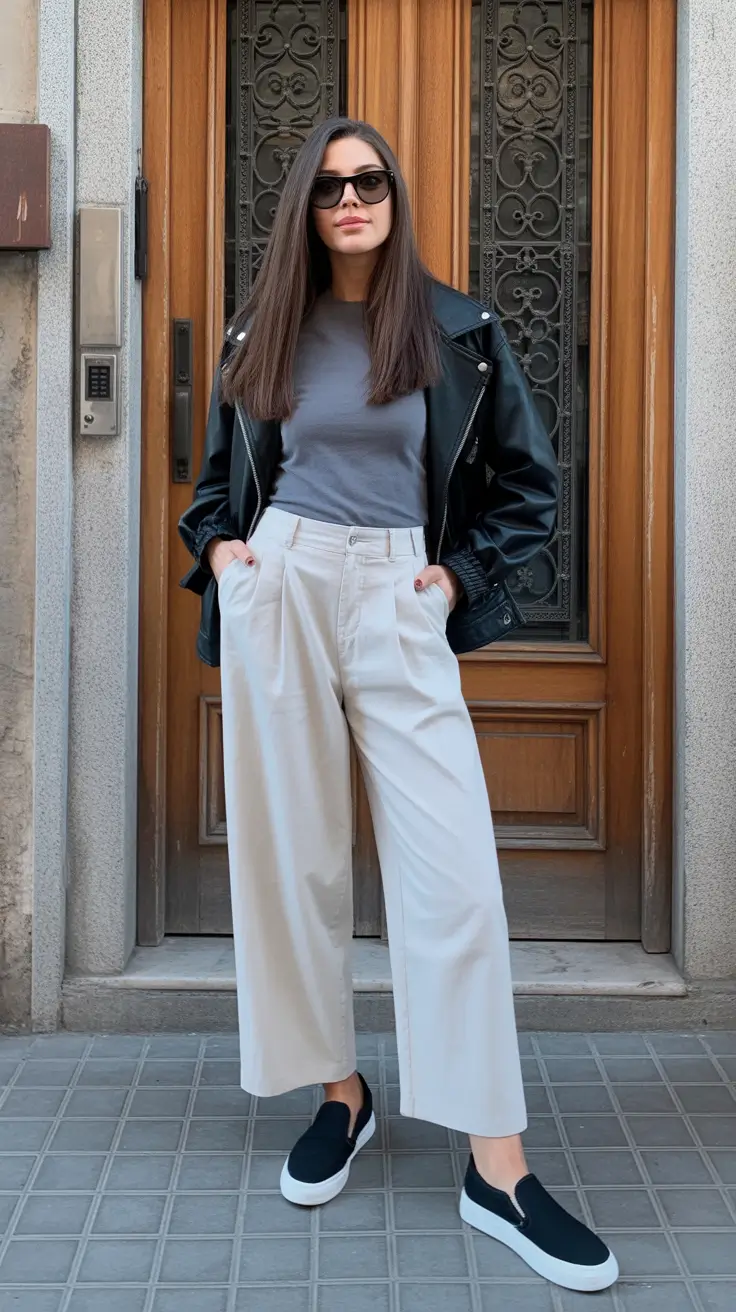 stylish spring fashion trends 2026 Leather Jacket Meets Cream Trousers Minimalism