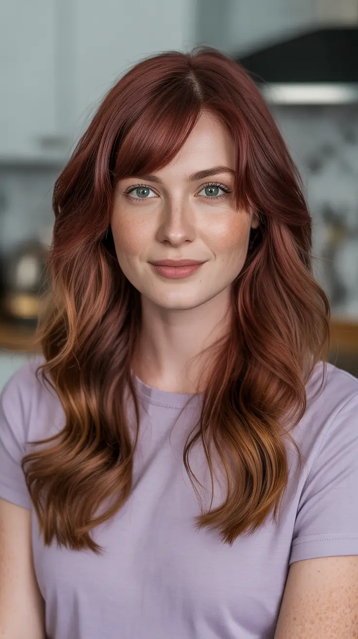 trendy spring hair color ideas 2026 to look younger + Cinnamon Auburn With Soft Curtain Fringe
