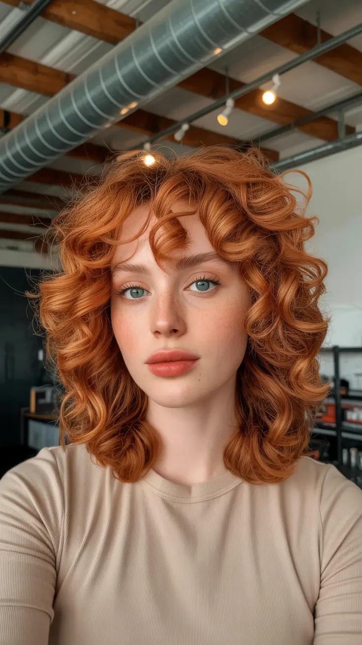 trendy spring hair color ideas 2026 to look younger + Bright Copper Curly Bob With Airy Volume
