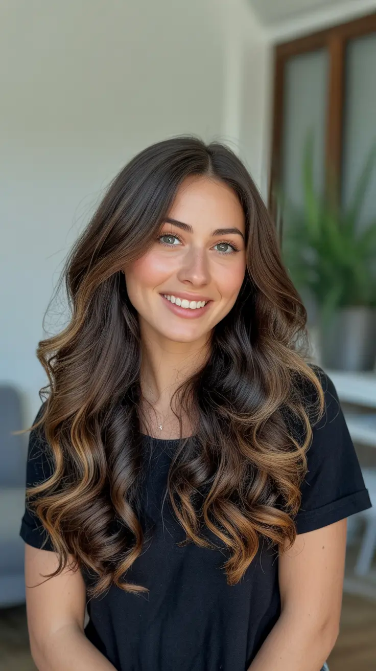 trendy spring hair color ideas 2026 to look younger + Deep Brunette With Caramel Ribbons And Glossy Curls