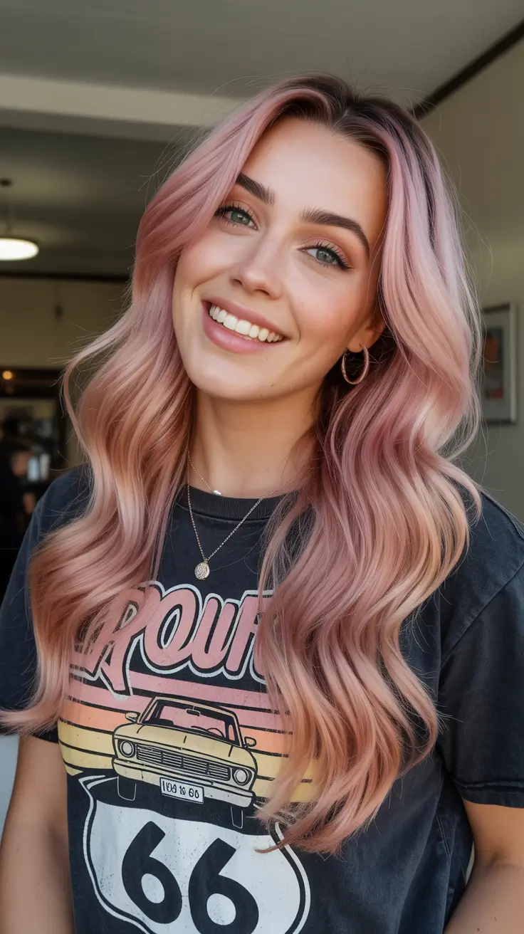trendy spring hair color ideas 2026 to look younger + Soft Rose Gold Waves With A Brightening Face Frame