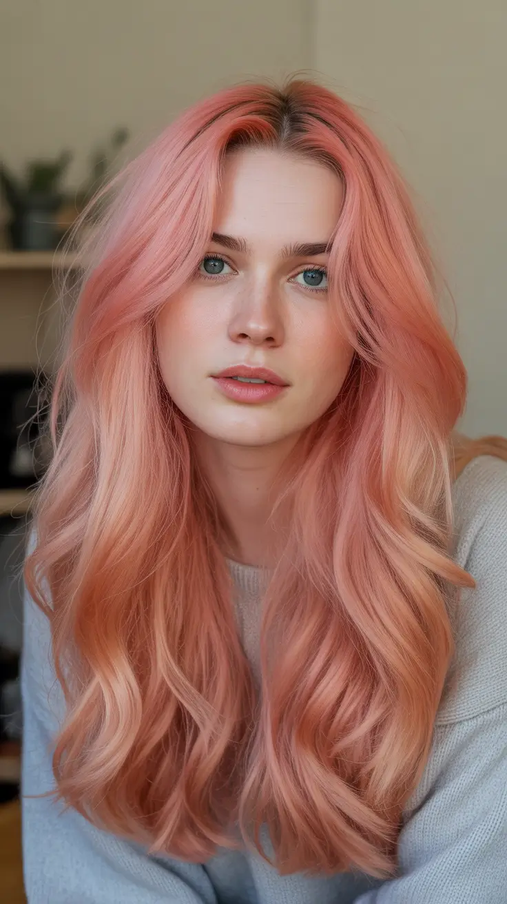 trendy spring hair color ideas 2026 to look younger + Peachy Coral Pink With A Soft, Airy Finish