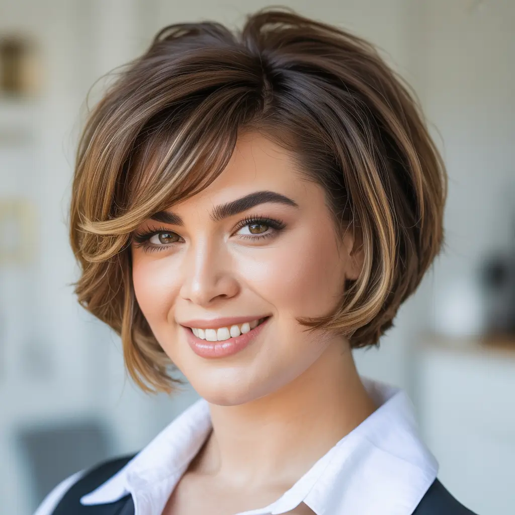 modern spring haircuts for chubby faces 2026 Textured Side-Swept Bob With Dimensional Highlights