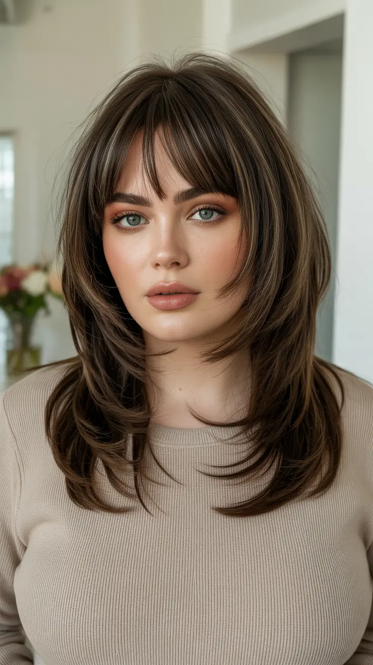 modern spring haircuts for chubby faces 2026 Layered Volume Shag With Wispy Fringe