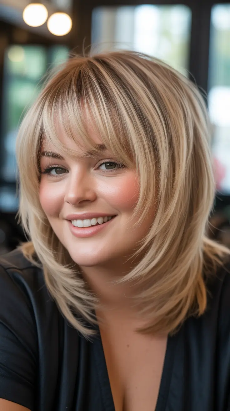 modern spring haircuts for chubby faces 2026 Feathered Blonde Lob With Light Bangs