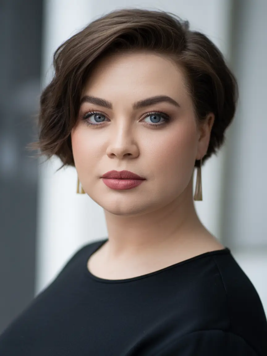 Modern Spring Haircuts For Plus Size Women 2026 Textured Short Cut With Side-Swept Volume