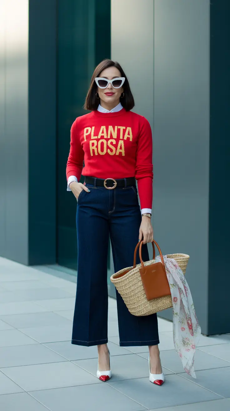 spring jeans outfit ideas for 2026 Bold Statement Top with Dark Denim