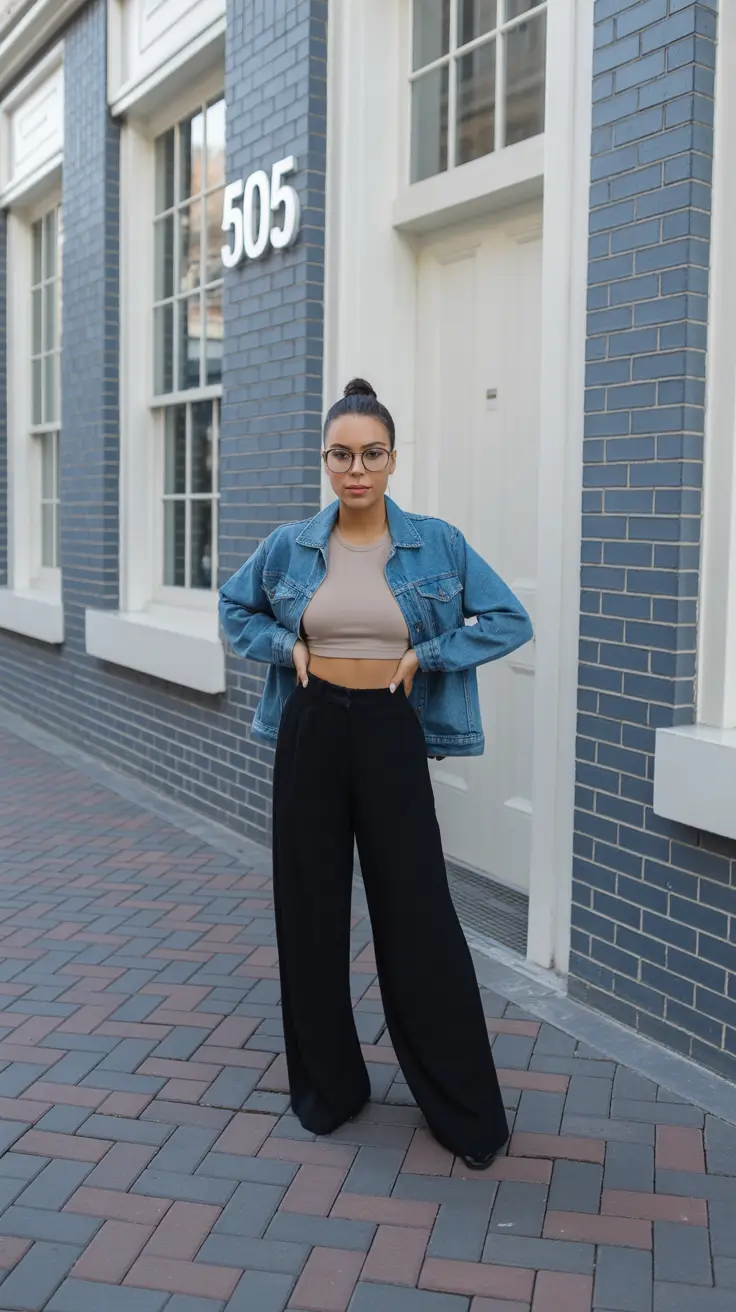 spring jeans outfit ideas for 2026 Denim Jacket with Wide-Leg Trousers