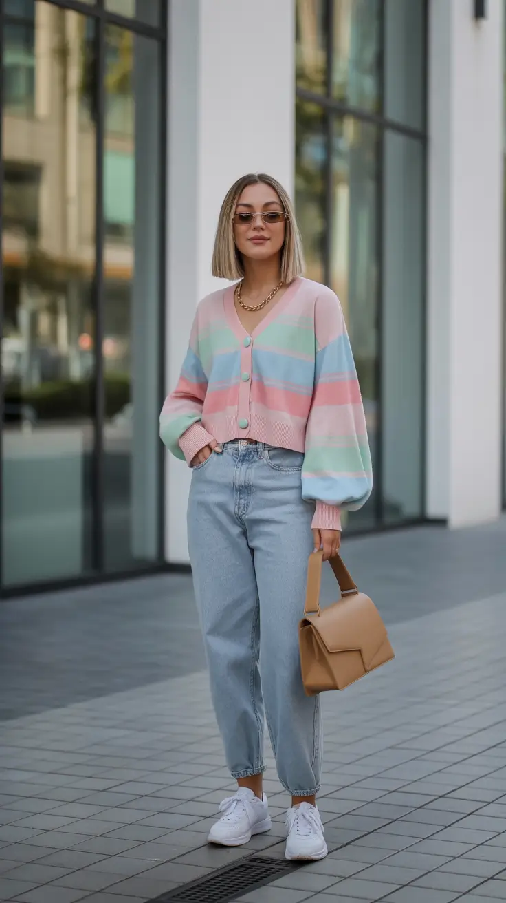 spring jeans outfit ideas for 2026 Pastel Cardigan with Light Jeans