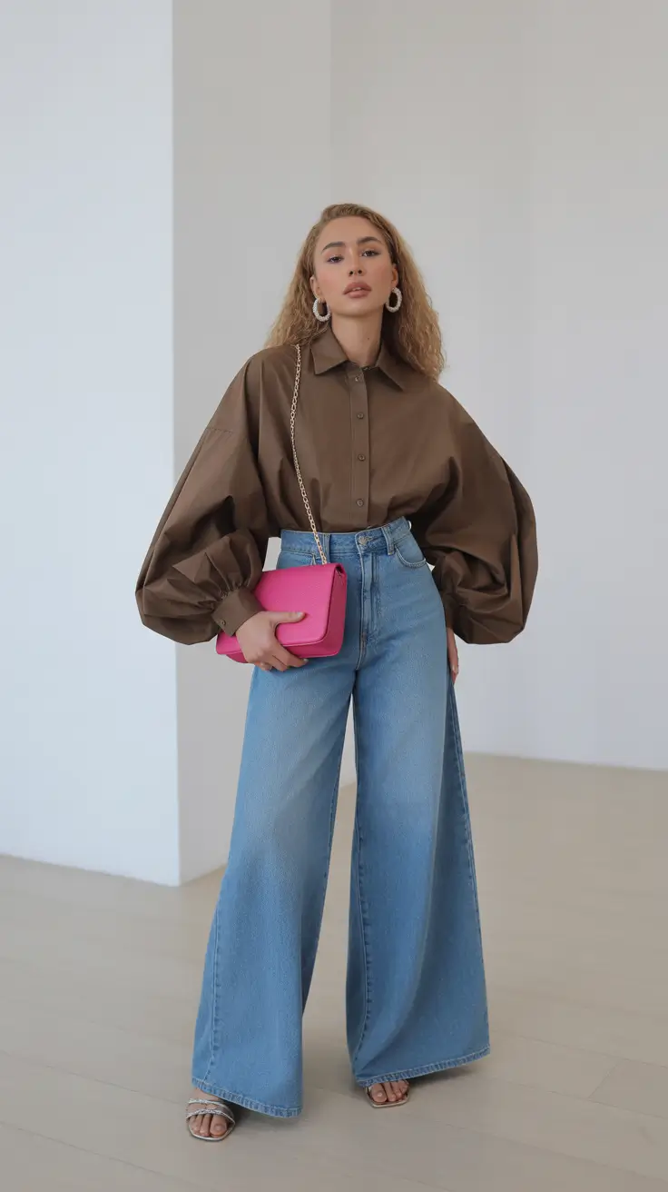 spring jeans outfit ideas for 2026 Voluminous Shirt with Wide-Leg Denim