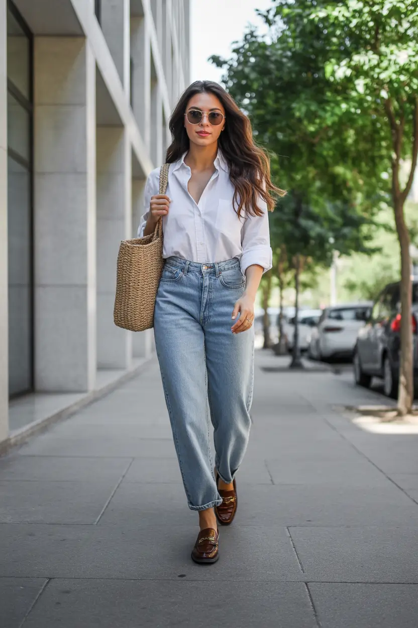spring jeans outfit ideas for 2026 White Shirt with Relaxed Jeans