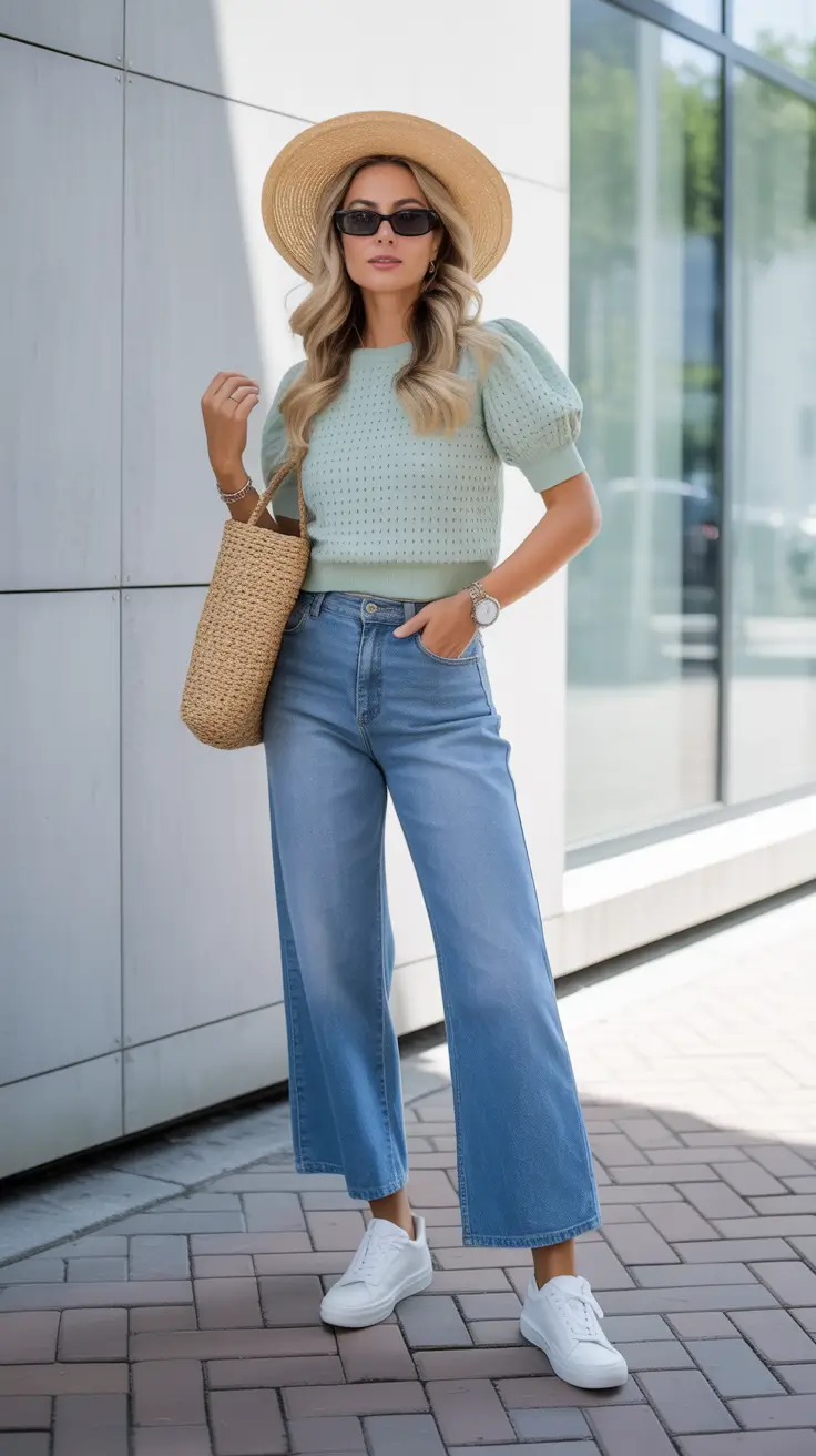 spring jeans outfit ideas for 2026 Soft Knit Top with Wide-Leg Jeans