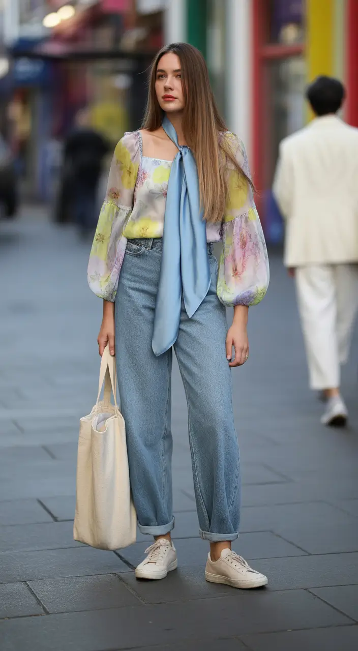 spring jeans outfit ideas for 2026 Romantic Blouse with Light Denim