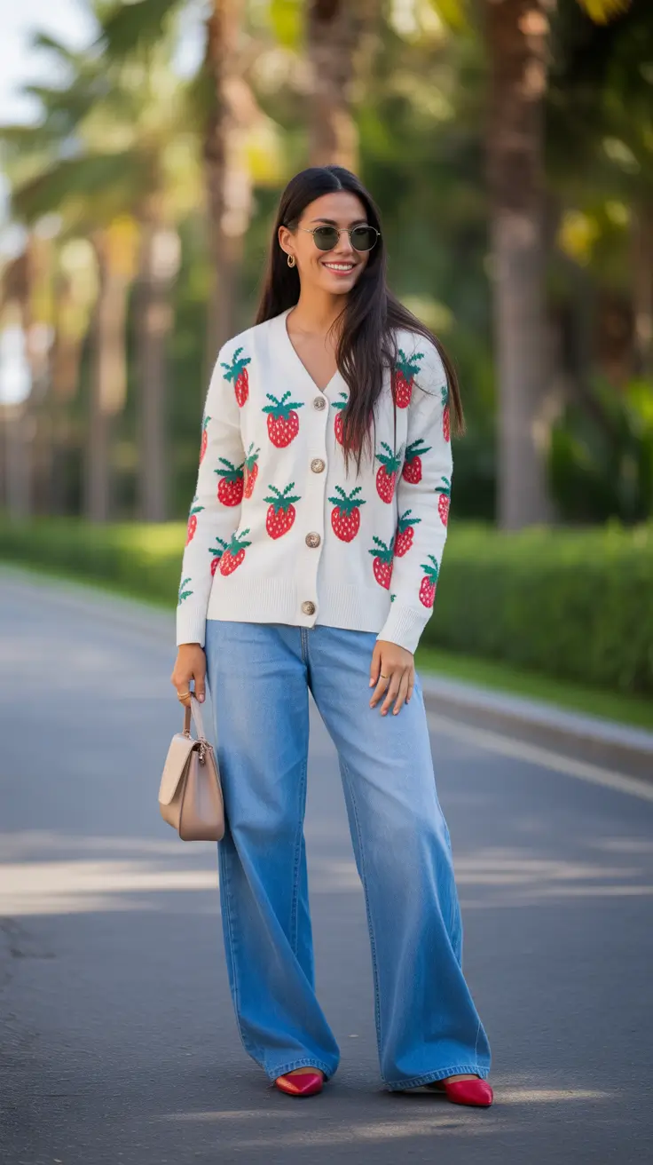 spring jeans outfit ideas for 2026 Playful Knitwear and Wide-Leg Jeans
