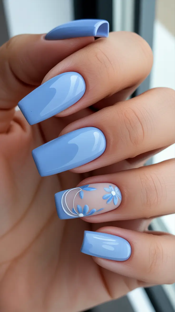 dreamy spring long nails ideas 2026 + Powder Blue Square Tips With Delicate Floral Ribbon