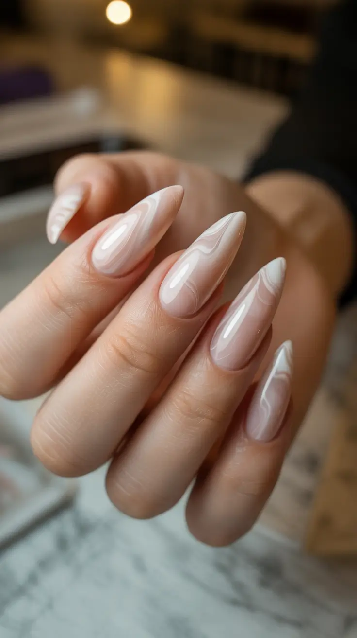 dreamy spring long nails ideas 2026 + Milky Marble Almond Glow