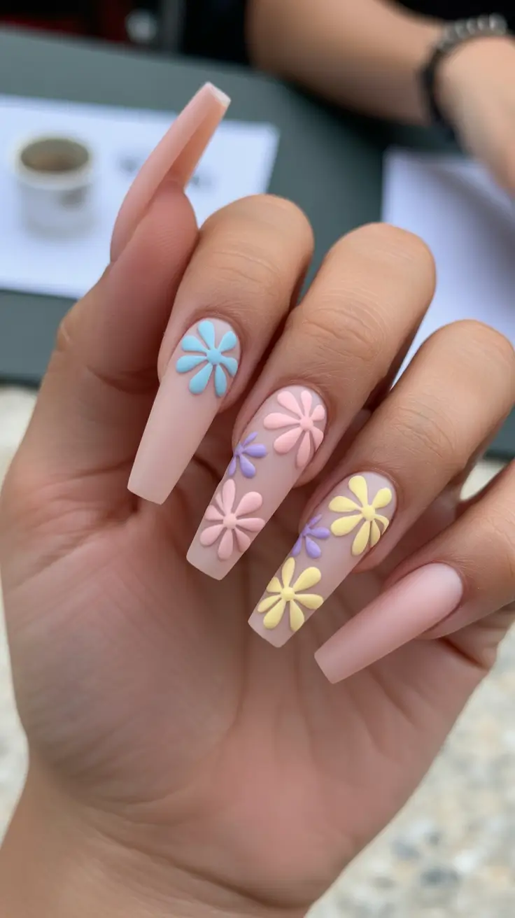 dreamy spring long nails ideas 2026 + Pastel 3D Flower Garden On Matte Nude