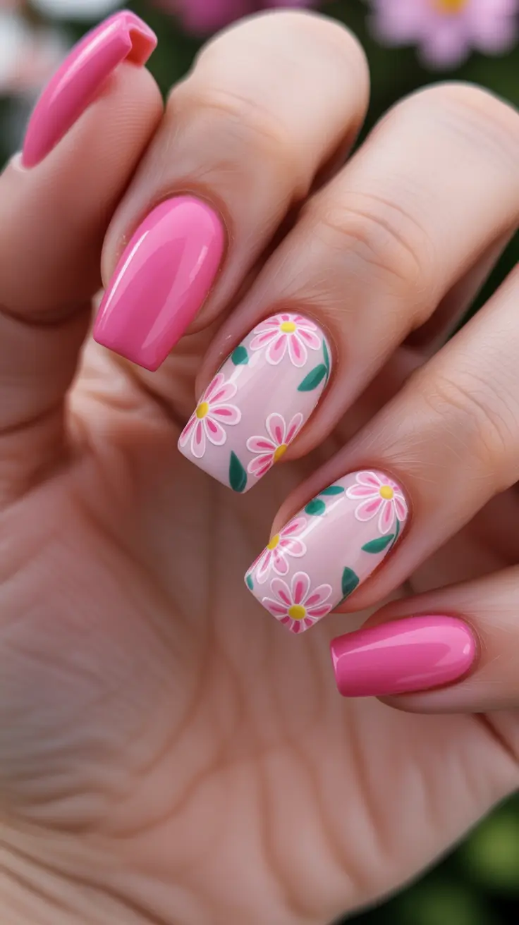 dreamy spring long nails ideas 2026 + Hot Pink Shine With Sheer Floral Accents