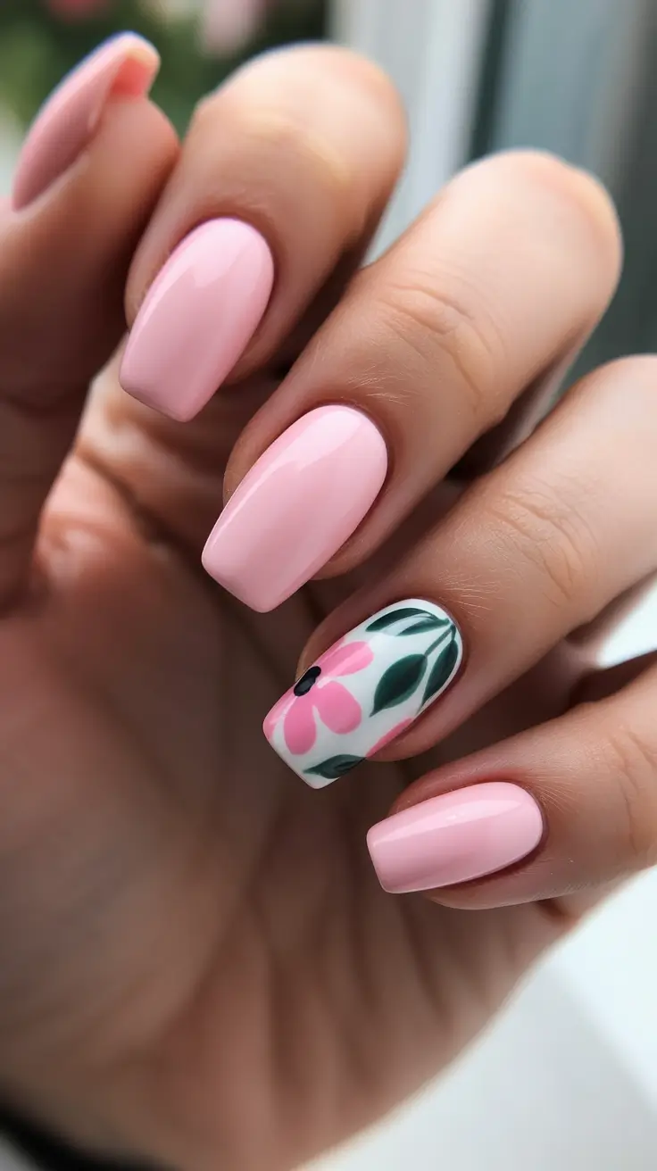 dreamy spring long nails ideas 2026 + Milky Blush Minimalism With A Single Bloom