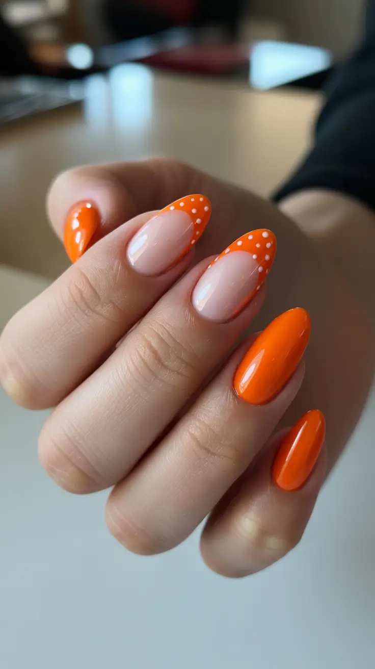 dreamy spring long nails ideas 2026 + Tangerine Tips With Playful Polka Dots