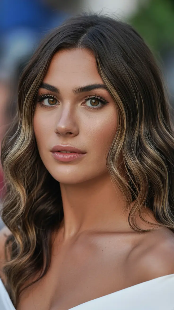 spring mid length haircuts 2026 Soft Glam Mid-Length Waves with Dimensional Brunette