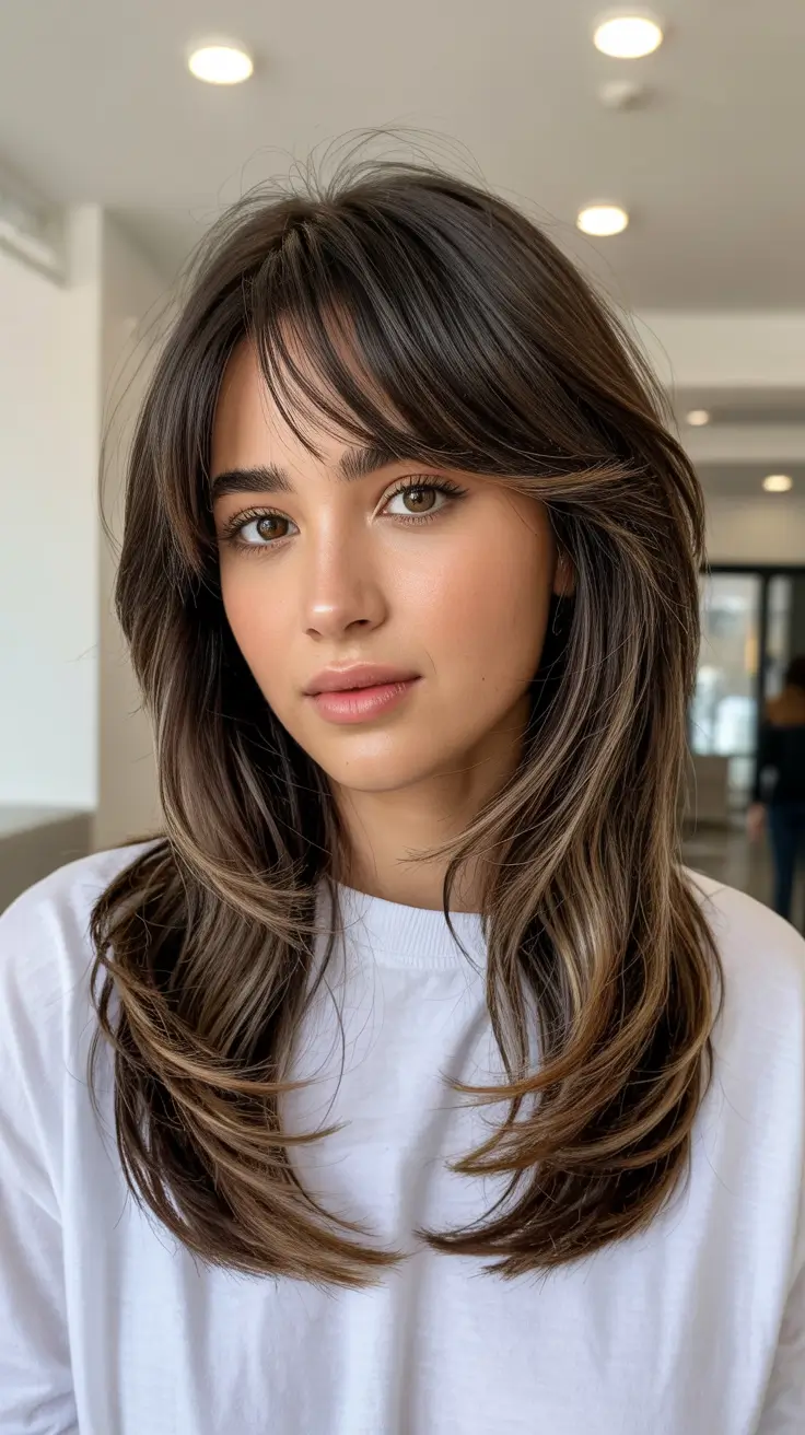 spring mid length haircuts 2026 Long Feathered Mid-Length with Soft Espresso Highlights