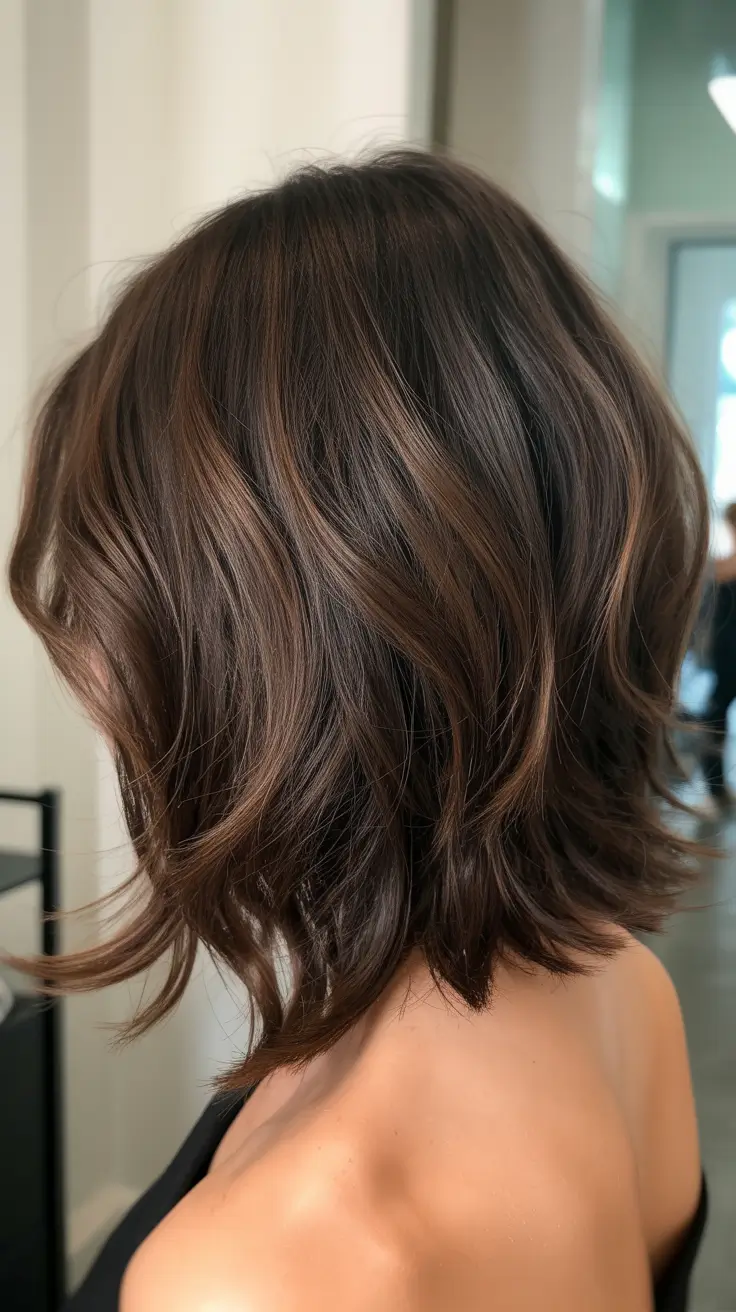 spring mid length haircuts 2026 Choppy Brunette Bob with Natural Texture