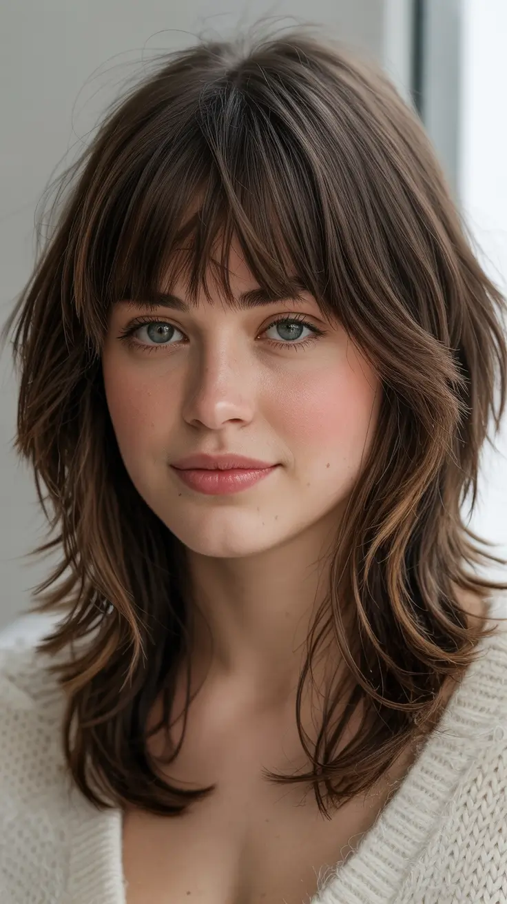 spring mid length haircuts 2026 Layered Shag with Soft Fringe