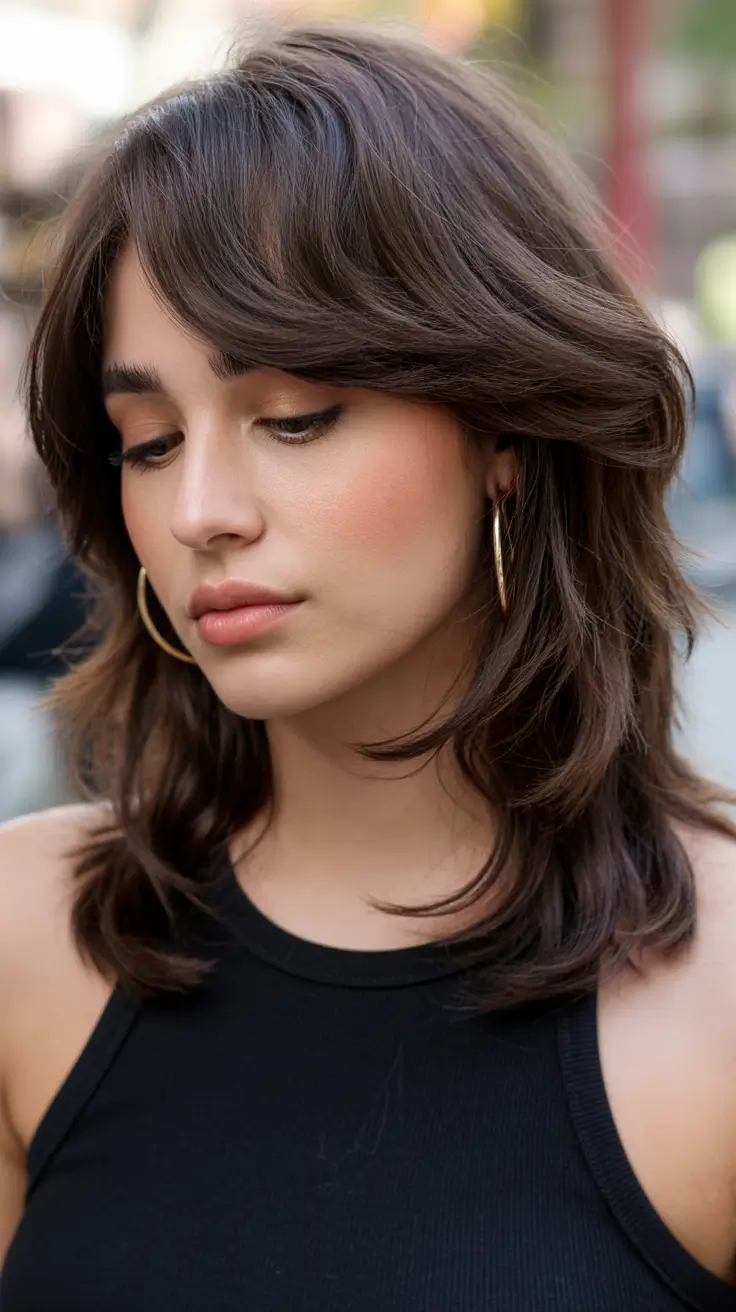 spring mid length haircuts 2026 Side-Parted Brunette with Feathered Movement