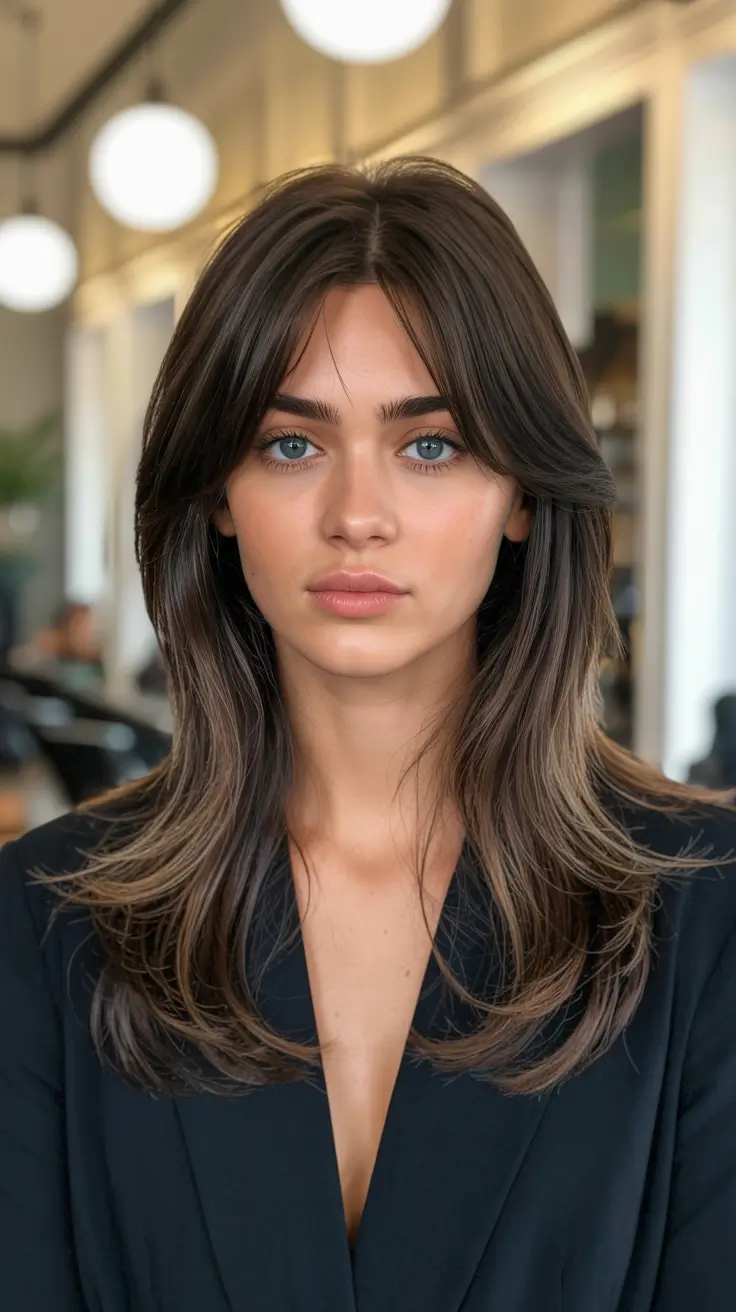 spring mid length haircuts 2026 Feathered Mid-Length Cut with Modern Curtain Bangs