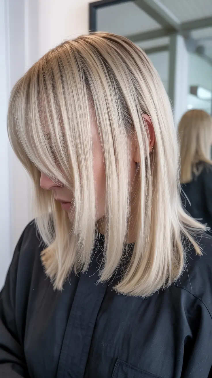 spring mid length haircuts 2026 Cool Platinum Mid-Length with Sleek Layered Ends