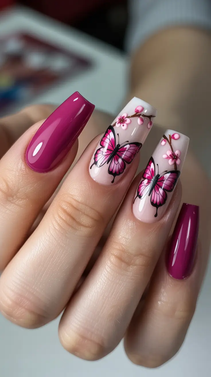 Spring Nail Art Designs Pink Butterfly Romance