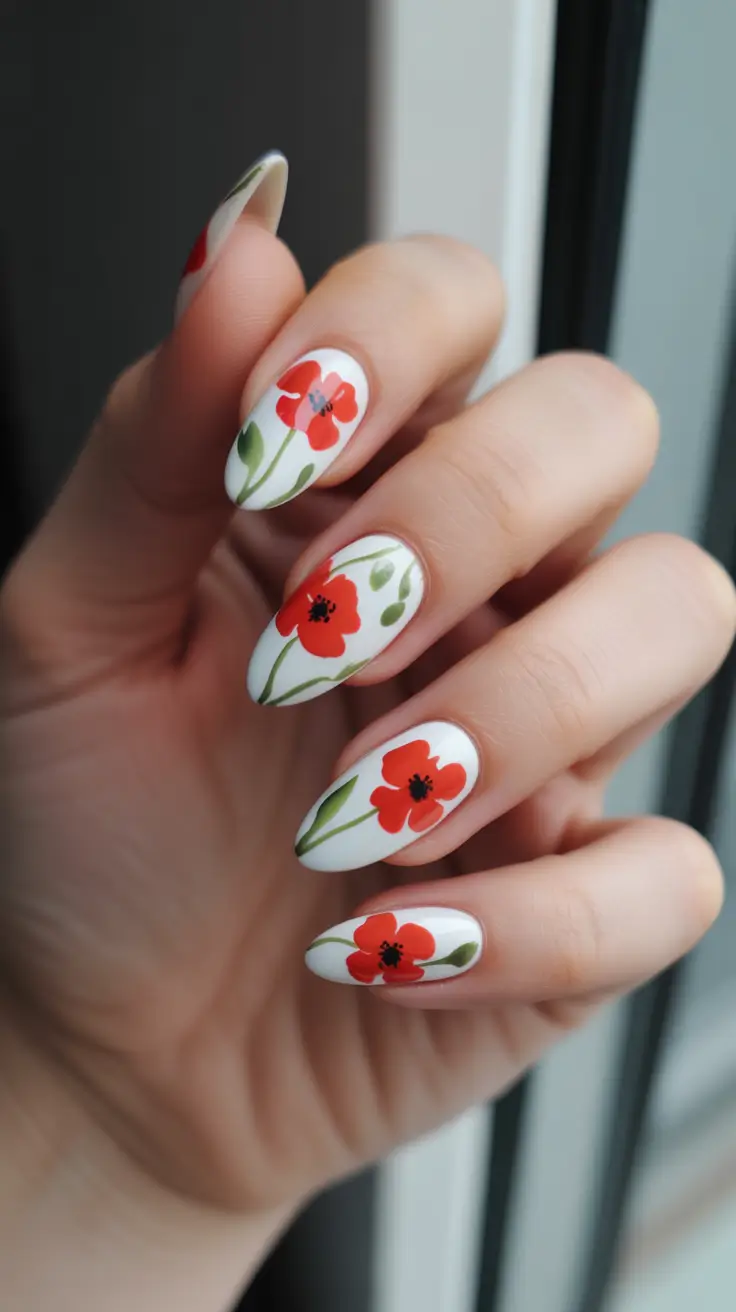 chic-spring-nail-art-trends-2026 Fresh Poppy Bloom