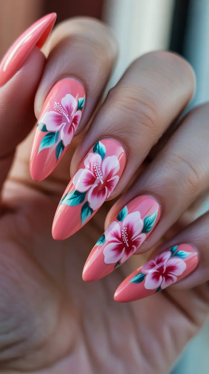 chic-spring-nail-art-trends-2026 Coral Hibiscus Glow