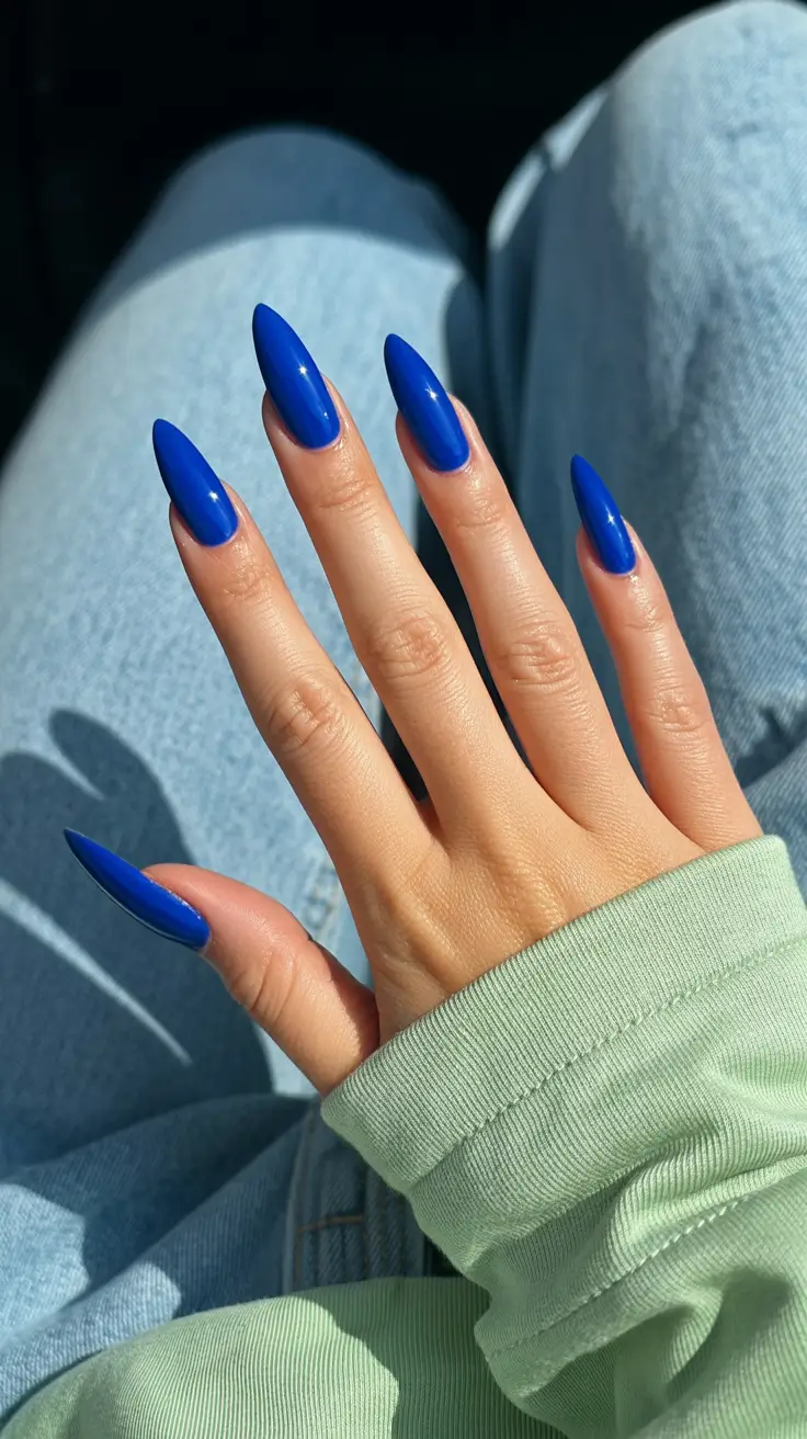 trendy spring nail colors 2026 + Cobalt Blue Stilettos That Feel Like A Spring Power Move