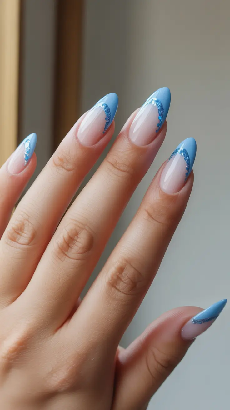 minimalist spring nail design 2026 + Icy Blue French Tips With A Sparkle-Edge Detail