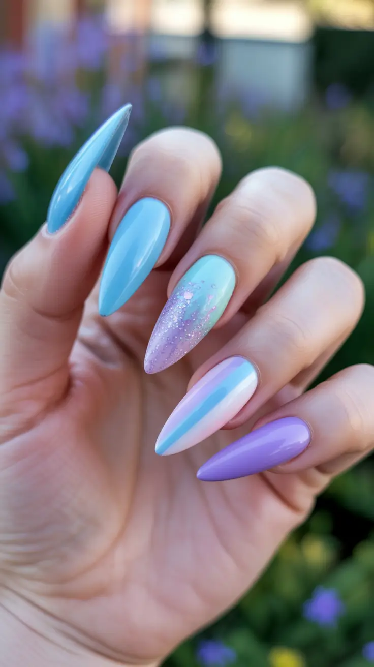 minimalist spring nail design 2026 + Pastel Skittle Almonds With One Soft Glitter Accent