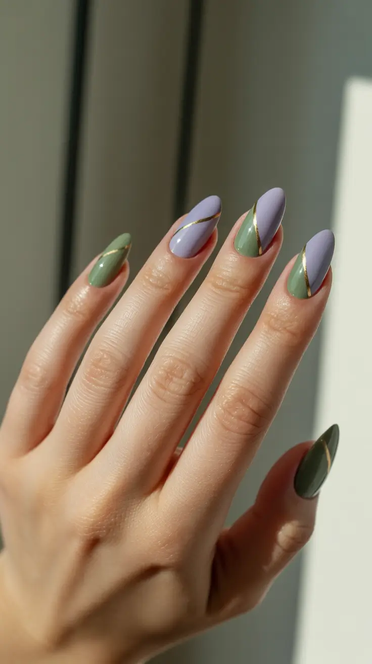 minimalist spring nail design 2026 + Sage And Lilac Diagonals With A Fine Gold Line