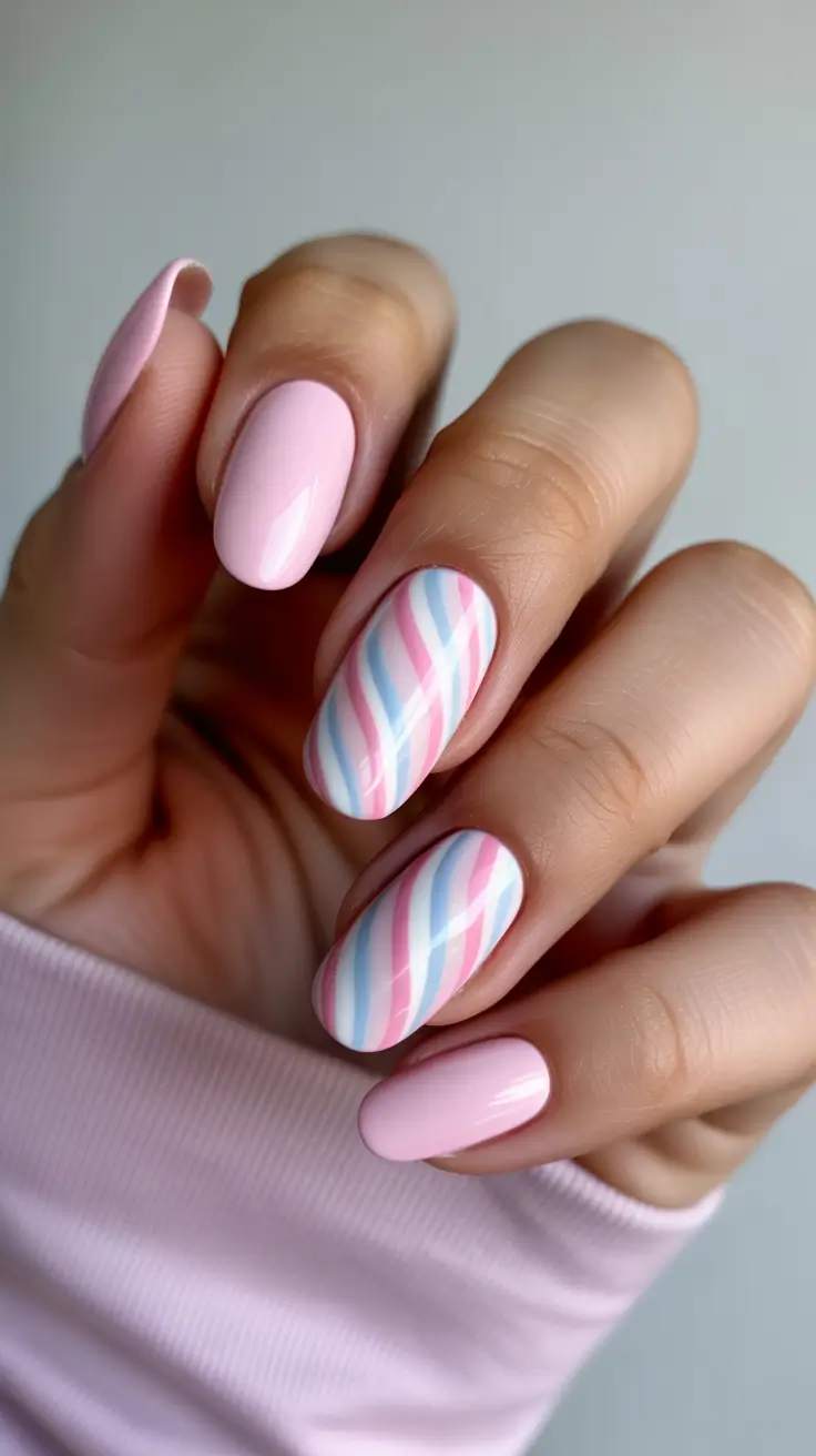 minimalist spring nail design 2026 + Pink Almond With Soft Candy-Stripe Accents