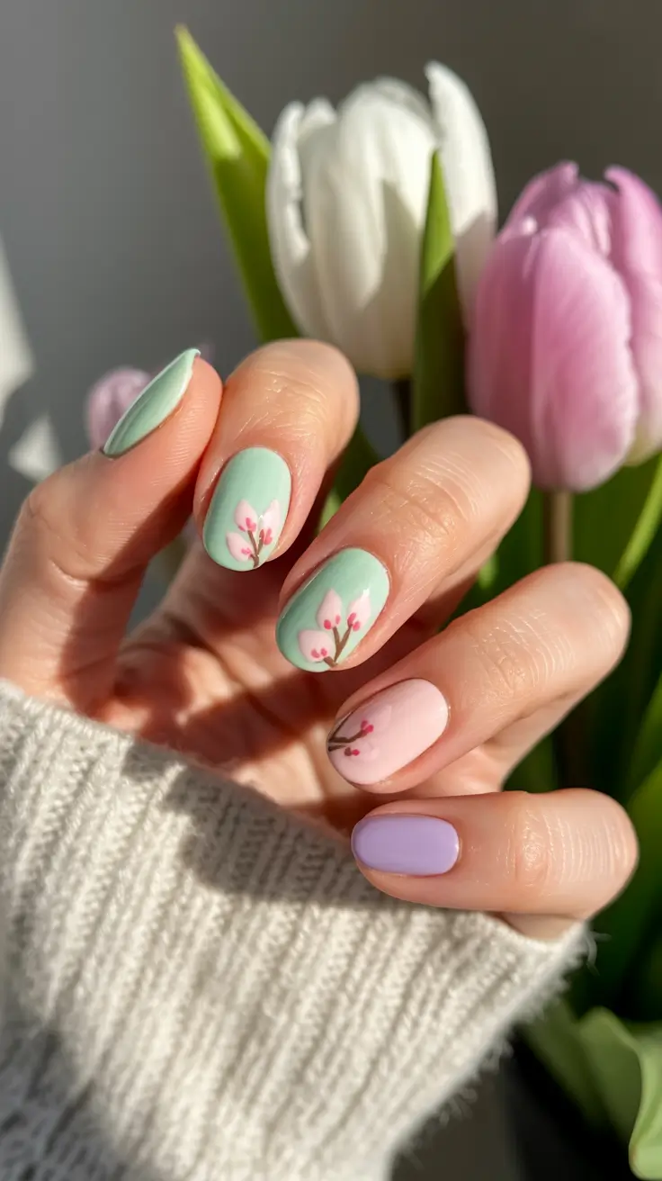 minimalist spring nail design 2026 + Mint Short Nails With Tiny Blossom Branches
