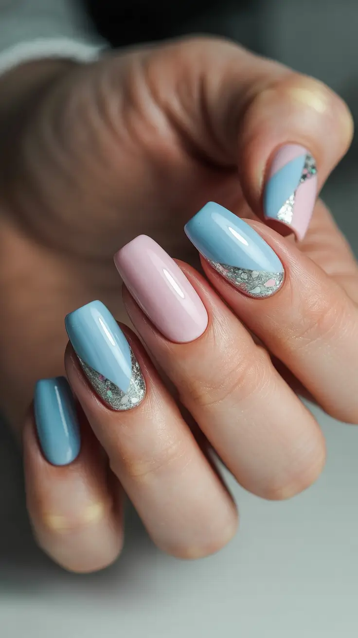 minimalist spring nail design 2026 + Baby Blue And Blush With Silver Crescent Accents