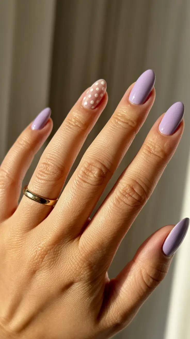 minimalist spring nail design 2026 + Lavender Almond With A Single Polka Dot Accent