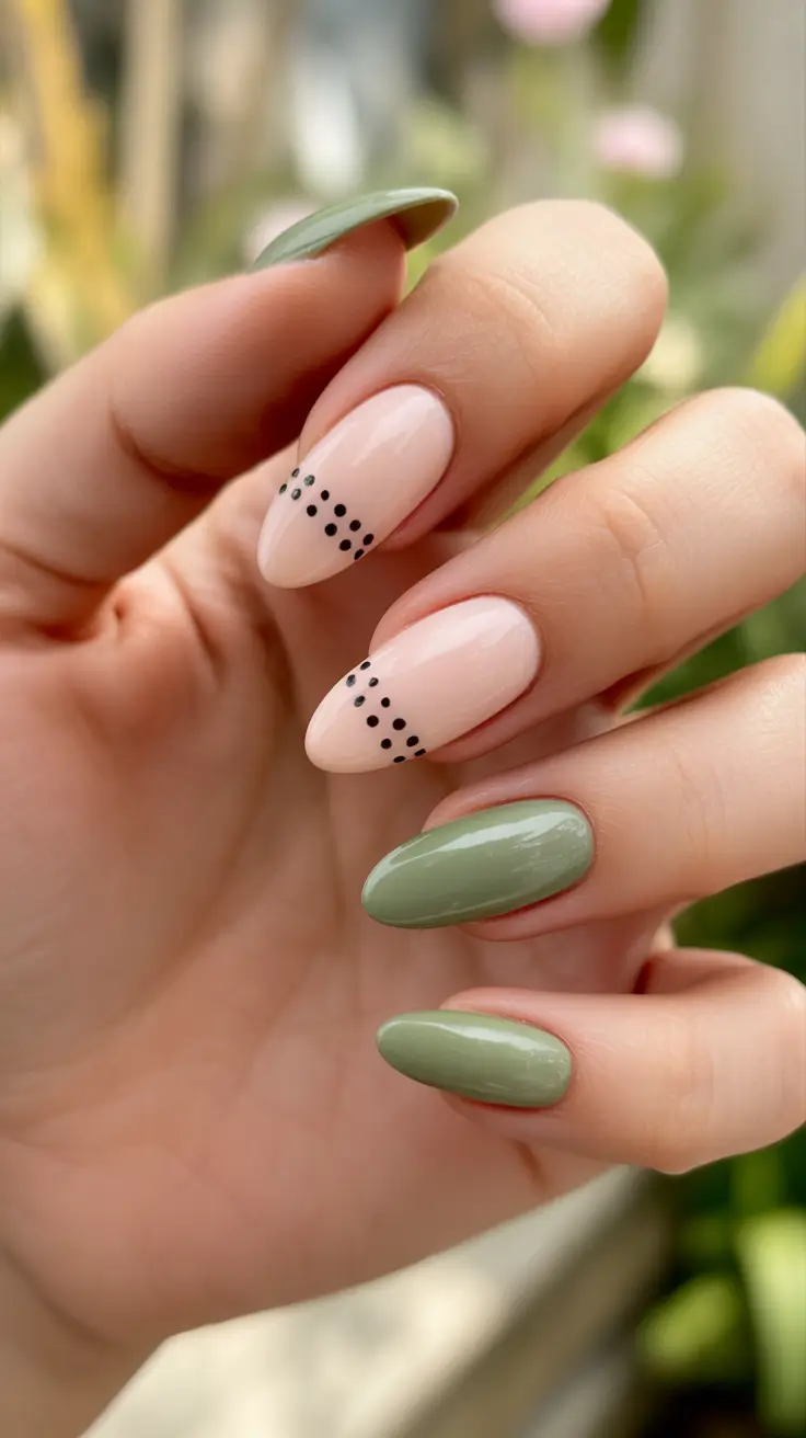 minimalist spring nail design 2026 + Sage And Nude Minimal Dots With A Soft Almond Vibe