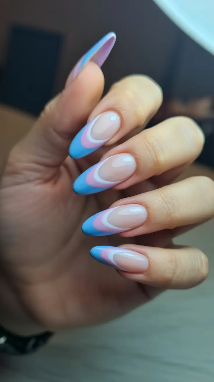 minimalist spring nail design 2026 + Blue And Pink Micro-French With A Glossy Minimal Edge