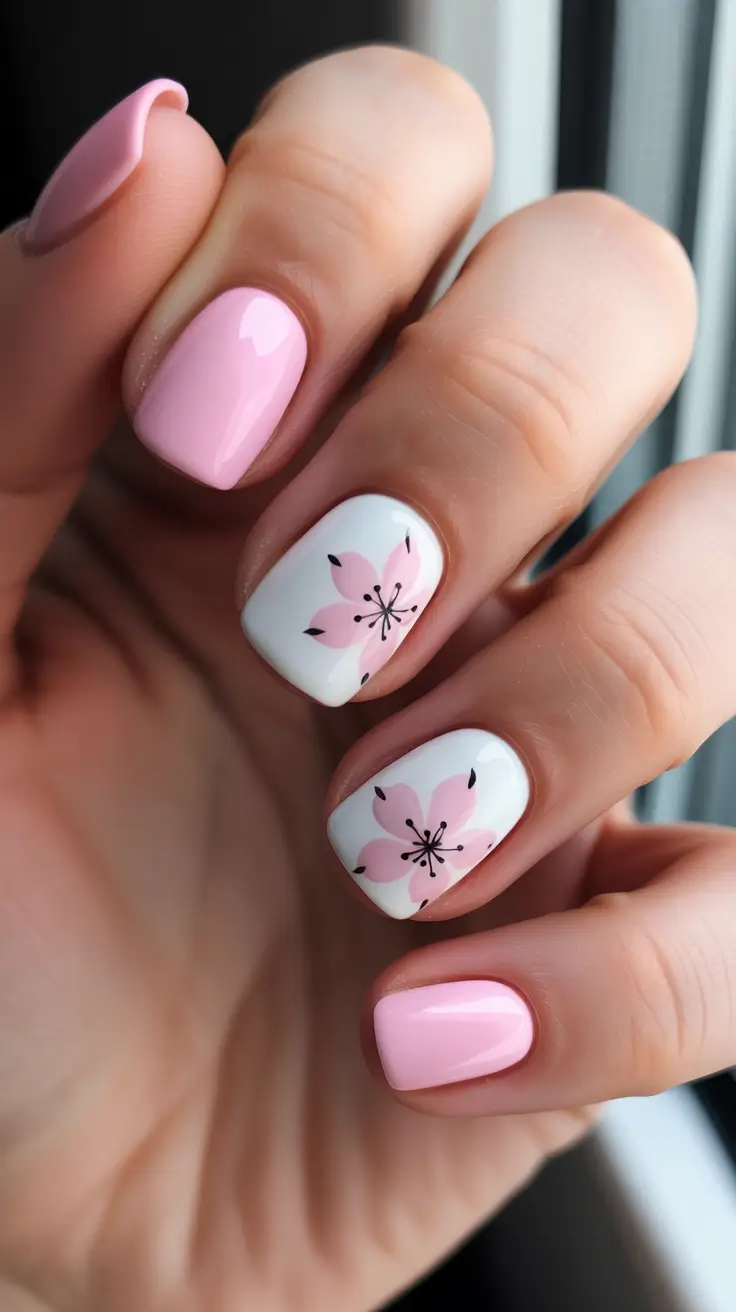 minimalist spring nails for work 2026 Soft Pink And Cherry Blossom Accent For A Polished Desk-to-Dinner Look