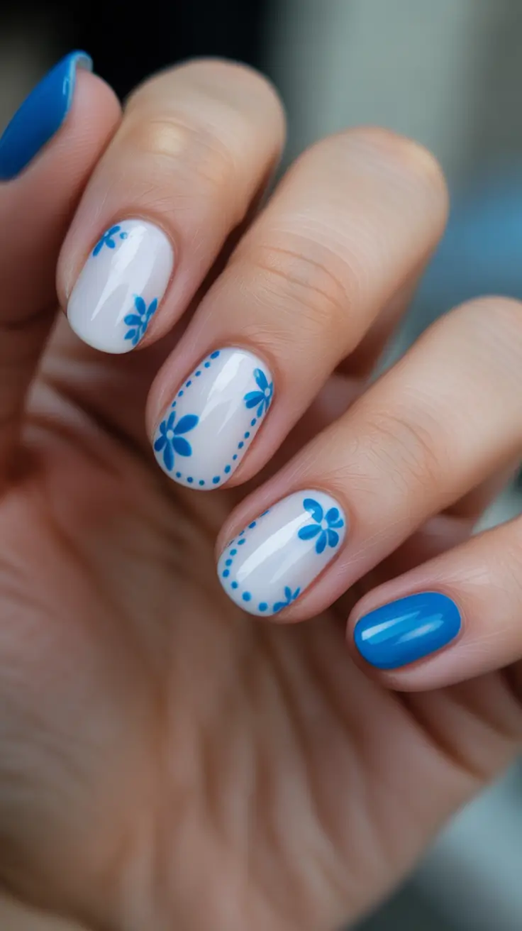 minimalist spring nails for work 2026 Bright Blue Pop With Tiny Floral Corners For Short Office Nails