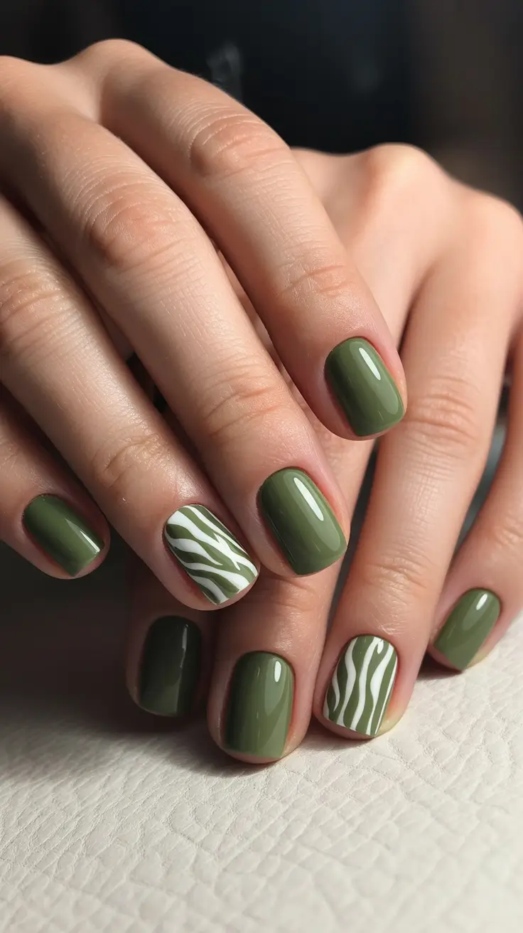 minimalist spring nails for work 2026 Olive Green Solids With A Soft Zebra Accent For A Grown-Up Twist